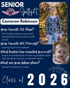 West Central High School Senior Spotlight for Cameron Robinson, Class of 2026. Cameron is pictured outdoors with a football in hand, alongside an inset photo of him as a baby. Text highlights his favorite memory of scoring his first touchdown and his goal